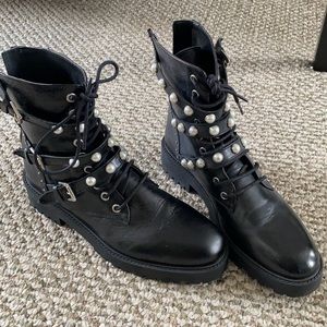 Black Pearl-Embellished Combat Boots - Women